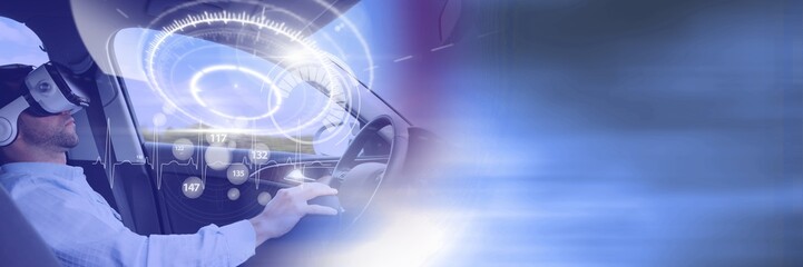 Poster - Man driving in car with heads up display interface and virtual