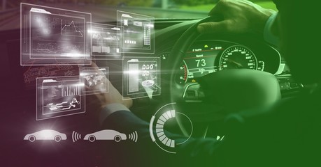 Poster - Man driving in car with heads up display interface