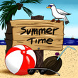 Summer time card with wooden sign beach ball and coconut cocktail cartoon illustrations