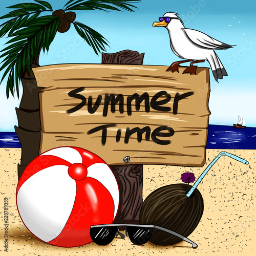 Summer time card with wooden sign beach ball and coconut cocktail cartoon ill...