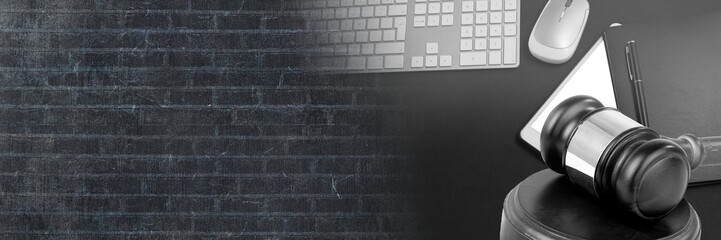 Poster - Gavel and keyboard on desk with transition