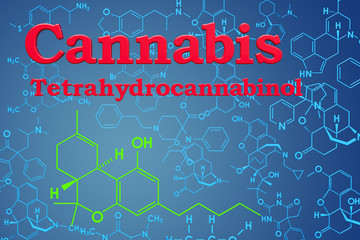 Wall Mural - Cannabis, marijuana or tetrahydrocannabinol. Chemical formula, molecular structure. 3D rendering