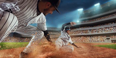 Wall Mural - Baseball players on professional dramatic stadium. Baseball tagged out