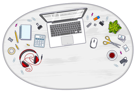 Office desk workspace top view with laptop computer and diverse stationery objects for work with copy space for text. All elements are easy to use separately or recompose the illustration. Vector.