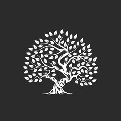 Wall Mural - Organic natural and healthy olive tree silhouette logo isolated on dark background.