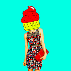 Wall Mural - Contemporary art minimal collage.  Cake fashion Lady. Funny Fast food minimal project