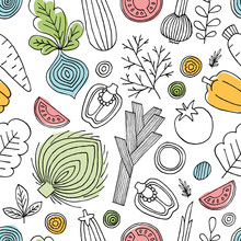 Fun Vegetables Seamless Pattern. Linear Graphic. Vegetables Background. Scandinavian Style. Healthy Food.