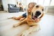 © pressmaster - Little girl giving her pet a hug while both relaxing on the floor of living room