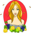 Girl autumn goddess Vector. Beauty woman with quince and grapes on red backgrounds