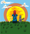 Girl and a dog looking at the sunset Vector. Cartoon characters story board