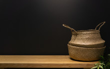 Handmade Wicker Basket Made From Natural Bamboo And Rattan.Handmade Thai Handicrafts For House Decoration With Copy Space.