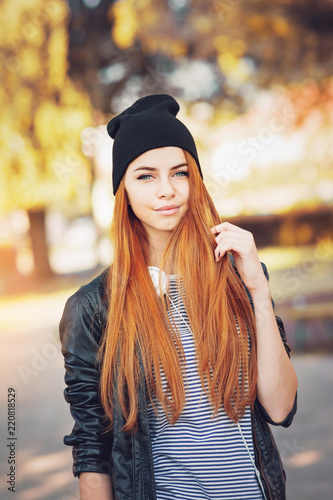 Beautiful Young Redhead Woman In Park Ginger Hair Cute
