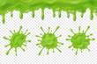 Dripping slime. Green dirt splat, goo dripping splodges of slime. Halloween ooze, mucus isolated vector set. Illustration of splatter and dribble, spot and drop, slime and blob