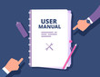 User guide document. User manual, reference with people hands. Handbook, instruction and guidebook vector concept. Hand book guide, guidebook tutorial, help and instruction illustration