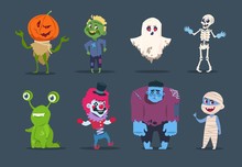 Halloween Characters. Cute Monsters And Kids Dressing In Halloween Costumes. Vector Isolated Set Evil Pumpkin, Horror Mummy And Ghost Illustration