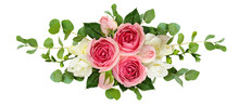 Horizontal Arrangement With Pink Roses, Freesia Flowers And Eucalyptus Leaves
