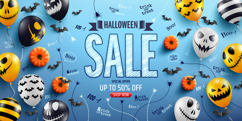 Wall Mural - Halloween Sale Promotion Poster with Halloween Ghost Balloons.Scary air balloons.Website spooky,Background or banner Halloween template.Vector illustration EPS10