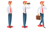 Vector Set Of Business Character. Businessman Standing And Smiling. Businessman Walking And Holding Briefcase With Cash, Looking Through Binoculars, Talking On The Phone.