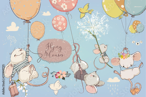 Fotografering Collection with cute birthday mouses with balloons