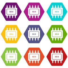 Poster - Transistor microchip icons 9 set coloful isolated on white for web