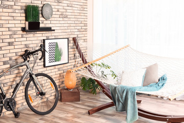 Sticker - Modern bicycle and hammock in stylish room interior