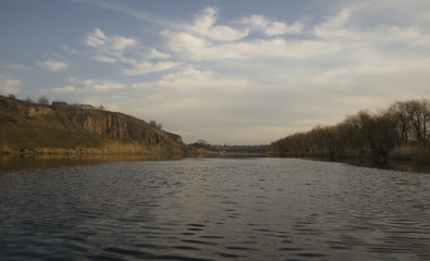 river, two banks, waves on the river