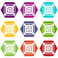 Poster - Technology microchip icons 9 set coloful isolated on white for web