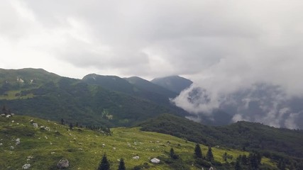Wall Mural - man standing on edge of mountain peak on background green valley drone view