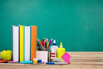 Poster - School supplies - books, pencils and apples isolated on white