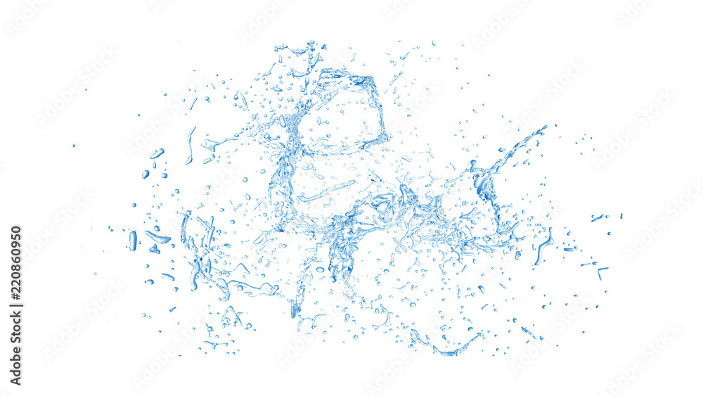 Isolated blue splash of water splashing on a white background. 3d illustration, 3d rendering. - obrazy, fototapety, plakaty 