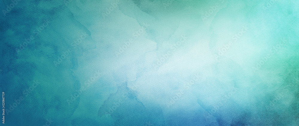 blue green and white watercolor background with abstract cloudy sky concept with color splash design and fringe bleed stains and blobs - obrazy, fototapety, plakaty 