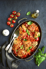 Wall Mural - Chicken stewed with bell pepper and white bean in a tomato sauce.Top view.