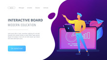 Lector With Laptop At Interactive Board. Modern Education And Interactive Board Landing Page. Blended Learning And Smart Classroom, Modern Education. Vector Illustration On Ultraviolet Background