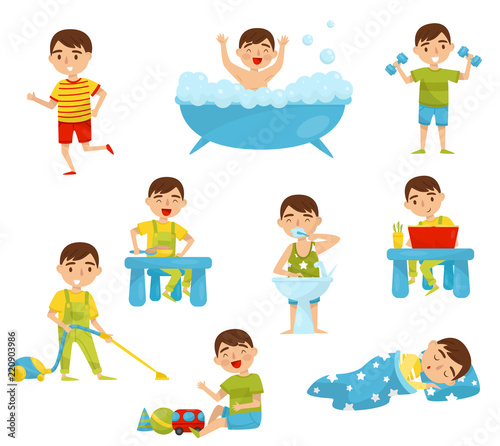 Cuadros en Lienzo Daily routine of cute boy set, kids activity, boy doing sports, taking bath, hav