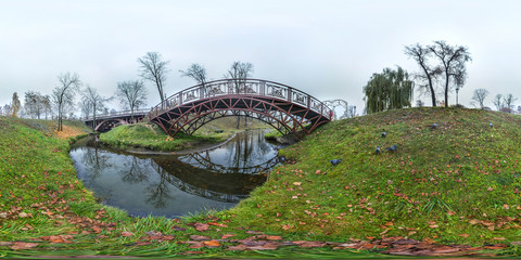 Wall Mural - Park at autumn with dark sky, river and bridge Ugly landscape. 3D spherical panorama with 360 degree viewing angle Ready for virtual reality in vr Full equirectangular projection Beautiful background.