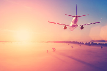 Wall Mural - Airplane flying above the fog during sunset