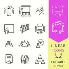 Aufkleber - Conference icons set. Black vector illustration. Editable stroke.