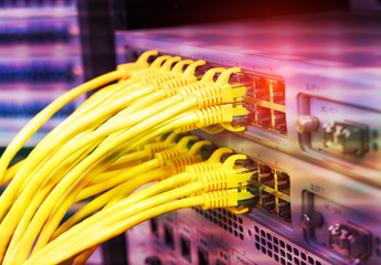 technology Computer Network, Telecommunication Ethernet Cables Connected to Internet Switch.