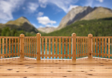 3D Render. View From Red Wood Terrace, Porch Or Balcony On Lake And Mountains.