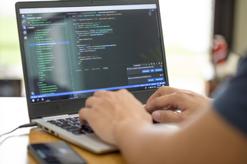 freelance programmer or developer working at home and typing source code with laptop