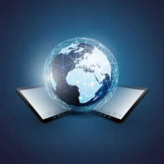 Poster - Cloud Computing, Digital Network Connections Design Concept with Earth Globe and Tablet PC - Technology Background, Vector Design