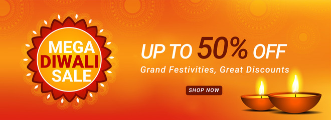 Wall Mural - mega diwali sale header or banner design with 50% discount offer and illuminated oil lamps on shiny 