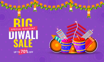 Diwali sale poster or banner design with 70% discount offer and firecrackers on purple background for Indian festival celebration concept.