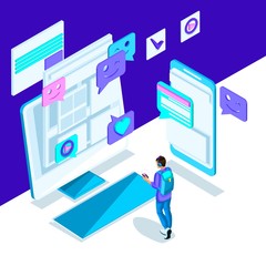 Poster - Isometry is a bright template with an internet correspondence of a young girl, smartphone, monitor, message. Bright holographic design set 2