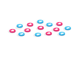 Wall Mural - like and heart isometric. live stream video, chat, likes. social nets blue thumb up like and red hea