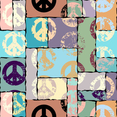 Poster - Seamless vector pattern. Abstract background with Peace signs. The sign of pacifists. Grunge vintage effect.
