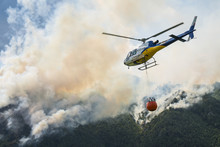 Aerial Firefighting With Helicopter On A Big Wildfire In A Pine Forest