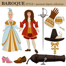 Baroque Or 17 Century European Old Retro Fashion Style Of Man And Woman Clothes Garments And Personal Accessories.