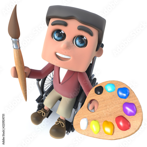 Cuadros en Lienzo 3d Cartoon boy in wheelchair holding an artist paint brush and palette
