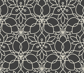 Canvas Print - Seamless linear flower pattern on dark grey background